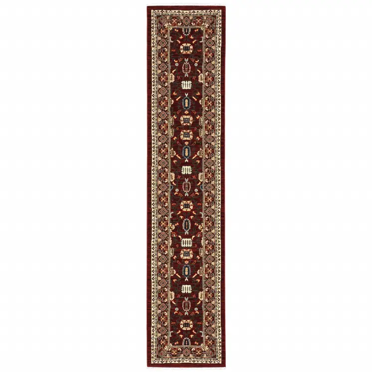 12' Red And Ivory Genuine Wool Oriental Runner Rug With Fringe