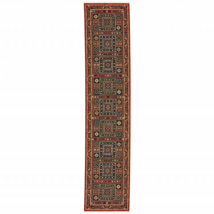 12' Blue And Red Genuine Wool Oriental Runner Rug With Fringe
