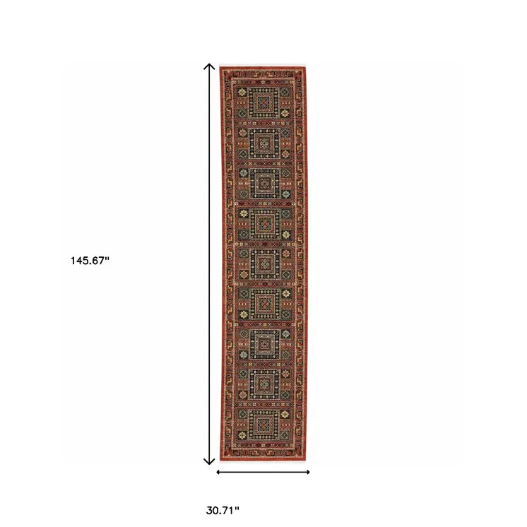 12' Blue And Red Genuine Wool Oriental Runner Rug With Fringe