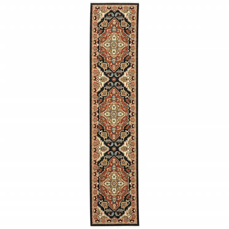 12' Red And Black Oriental Power Loom Runner Rug With Fringe