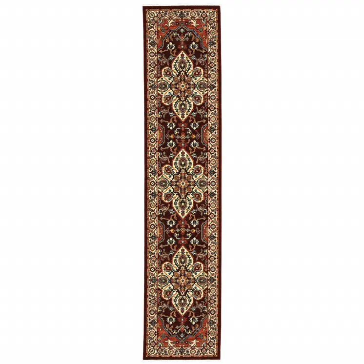 12' Red And Ivory Genuine Wool Oriental Runner Rug With Fringe