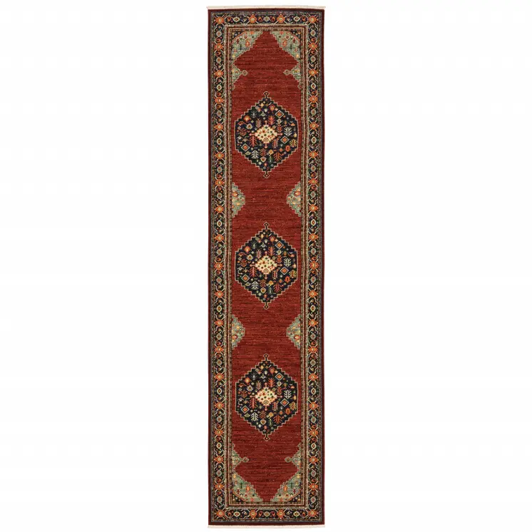 12' Red And Ivory Genuine Wool Oriental Runner Rug With Fringe