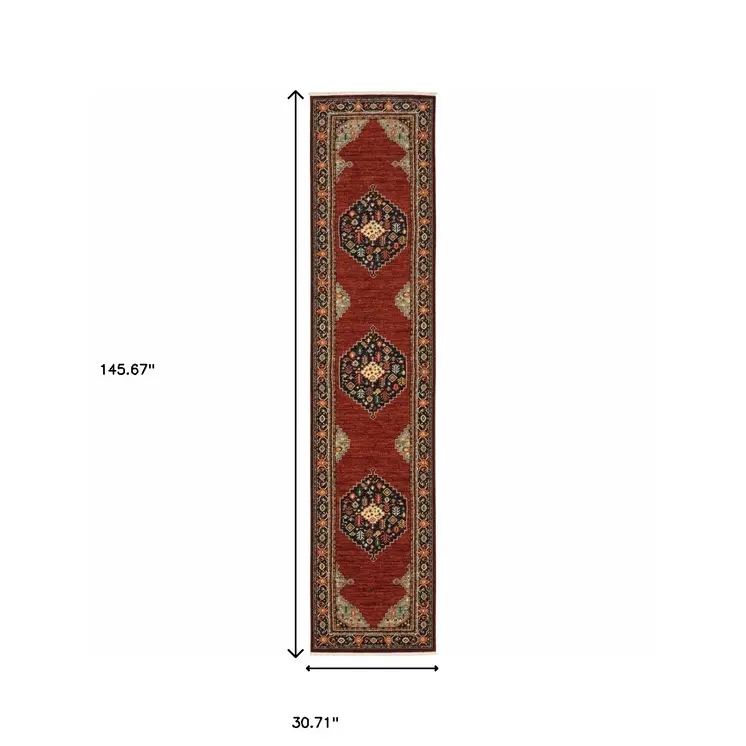 12' Red And Ivory Genuine Wool Oriental Runner Rug With Fringe