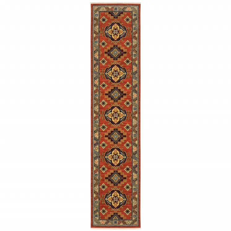 12' Red Gold Blue Brown Oriental Power Loom Runner Rug With Fringe