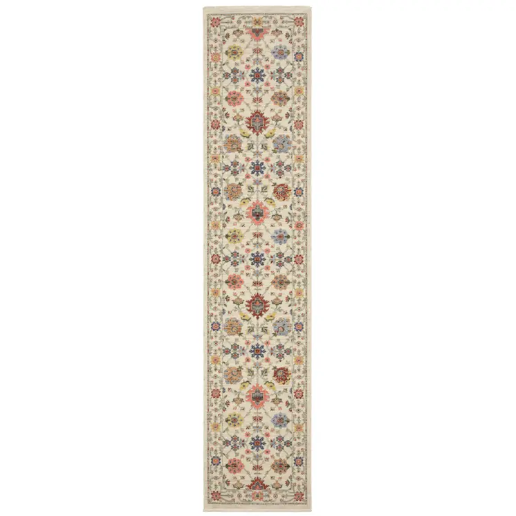 12' Orange And Ivory Genuine Wool Oriental Runner Rug With Fringe