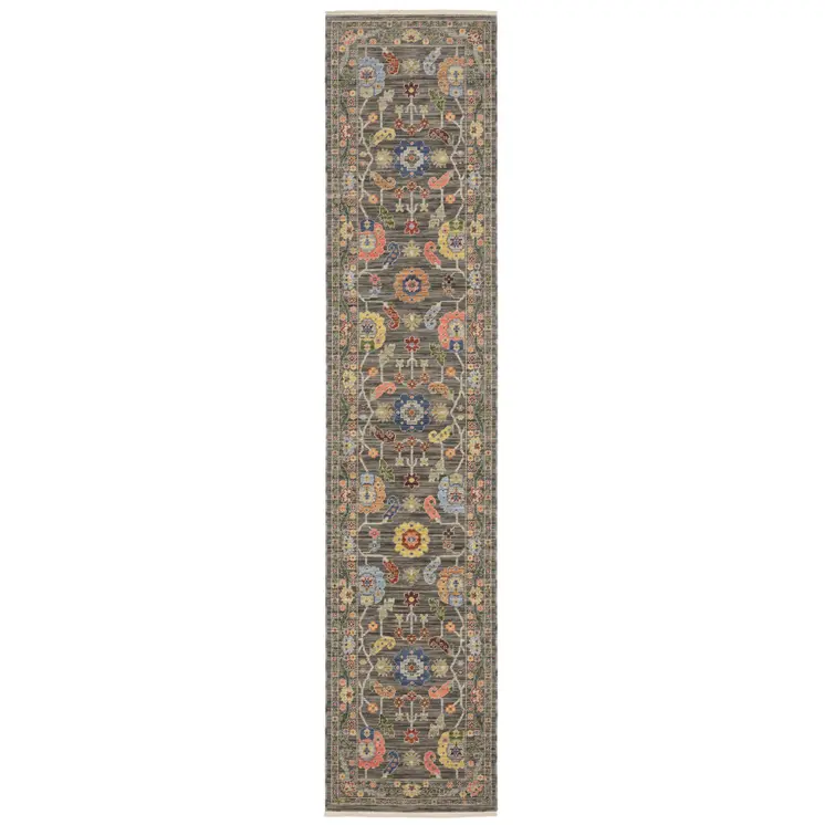 12' Charcoal Genuine Wool Oriental Runner Rug With Fringe