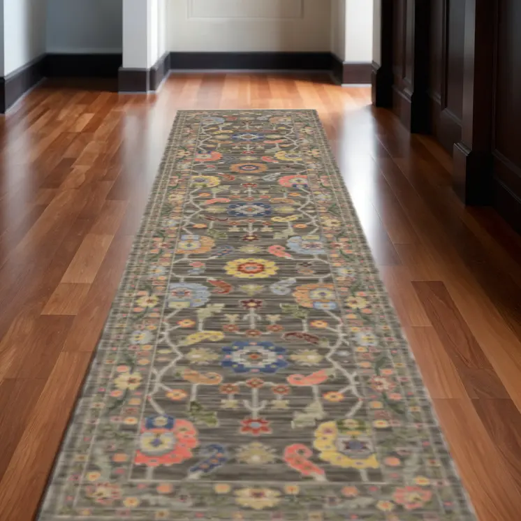 12' Charcoal Genuine Wool Oriental Runner Rug With Fringe