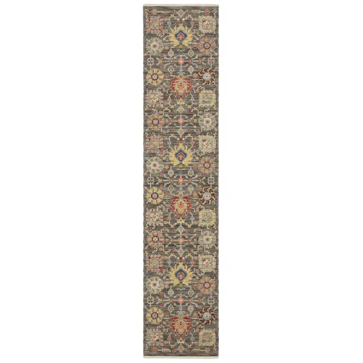 12' Gray And Ivory Genuine Wool Oriental Runner Rug With Fringe