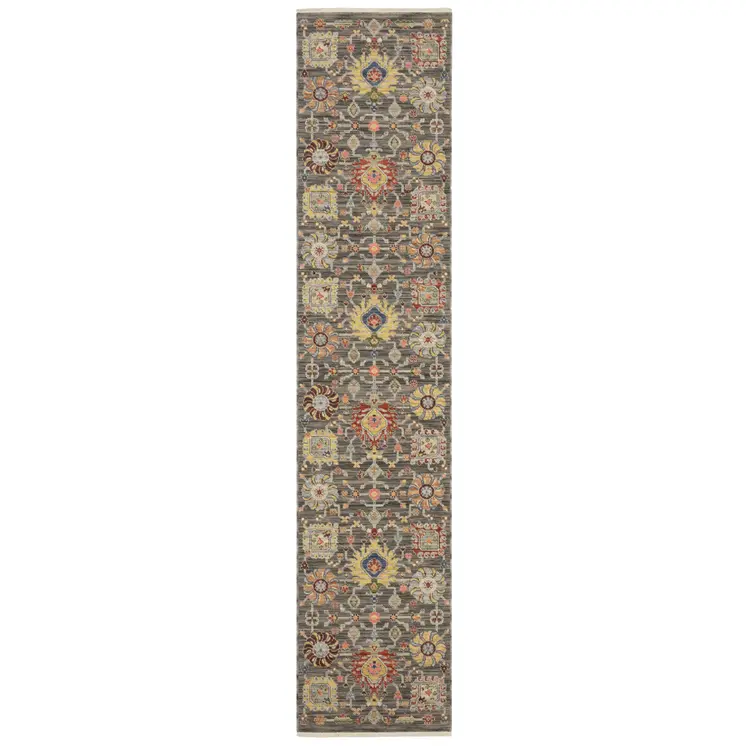 12' Gray And Ivory Genuine Wool Oriental Runner Rug With Fringe