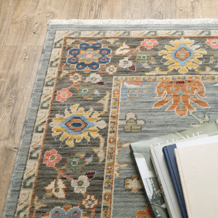 12' Blue And Gray Genuine Wool Oriental Runner Rug With Fringe
