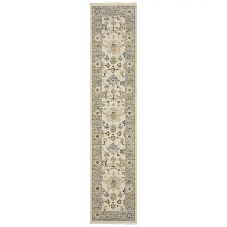 12' Blue And Ivory Genuine Wool Oriental Runner Rug With Fringe
