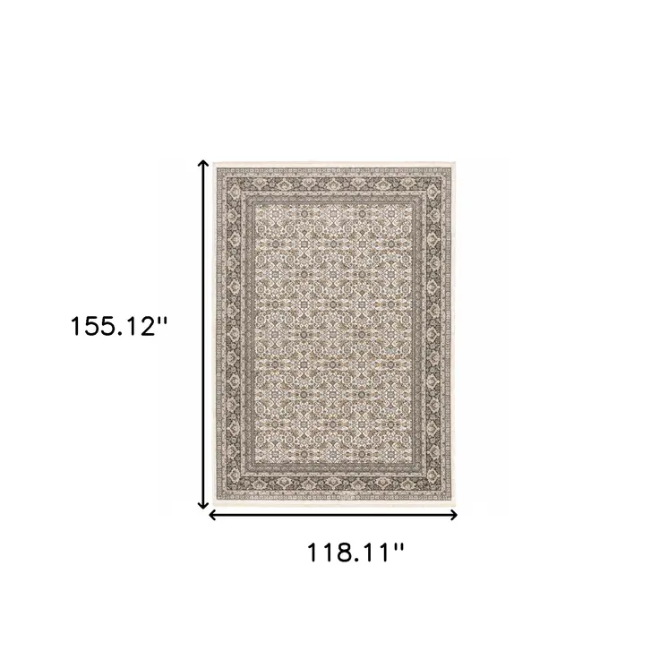 10' X 13' Ivory And Grey Oriental Power Loom Stain Resistant Area Rug With Fringe