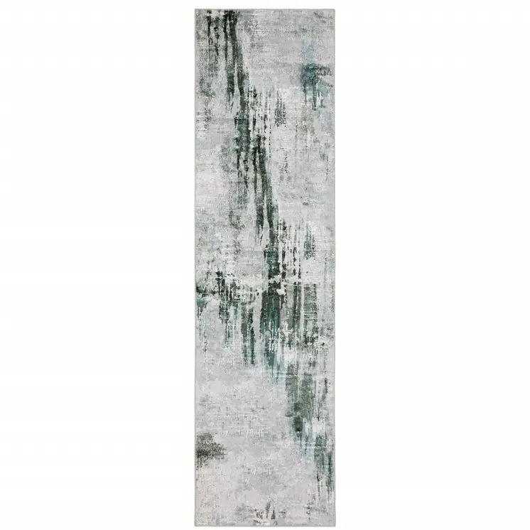 2' X 8' Silver Grey Teal Blue And Charcoal Abstract Printed Stain Resistant Non Skid Runner Rug