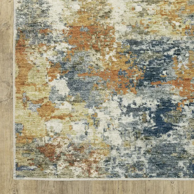 2' X 8' Teal Blue Orange Gold Grey Tan Brown And Beige Abstract Printed Stain Resistant Non Skid Runner Rug