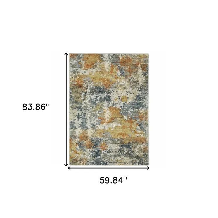 5' X 7' Teal Blue And Gold Abstract Distressed Area Rug