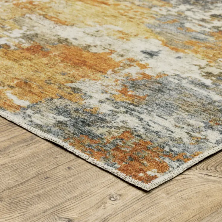 5' X 7' Teal Blue And Gold Abstract Distressed Area Rug