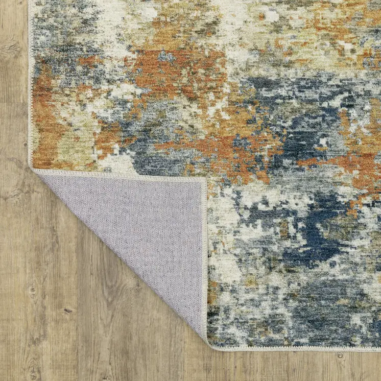 5' X 7' Teal Blue And Gold Abstract Distressed Area Rug