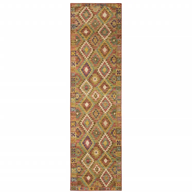 2' X 8' Gold Orange Brown Red Green Purple And Beige Southwestern Printed Stain Resistant Non Skid Runner Rug