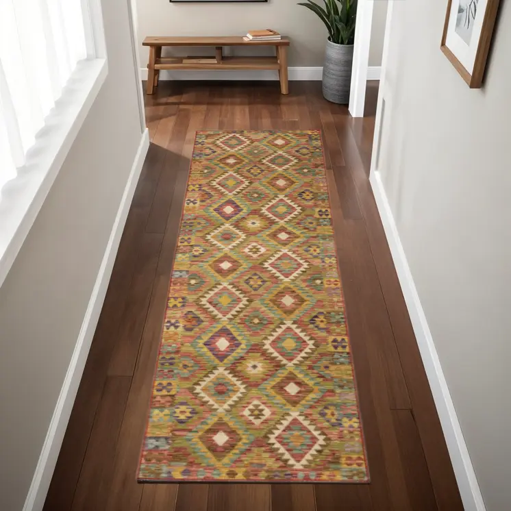 2' X 8' Gold Orange Brown Red Green Purple And Beige Southwestern Printed Stain Resistant Non Skid Runner Rug