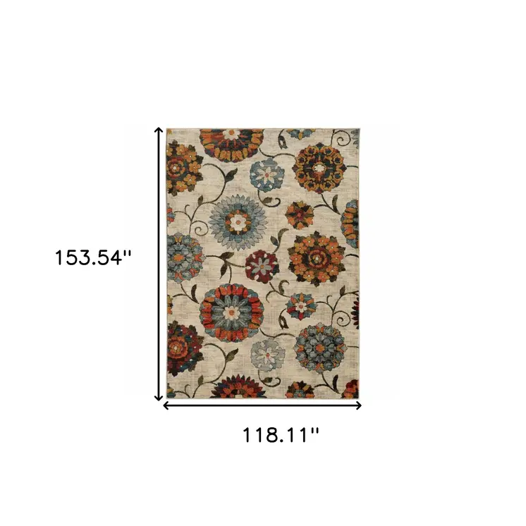 10' X 13' Ivory Blue Gold Green Orange Rust And Teal Floral Power Loom Stain Resistant Area Rug