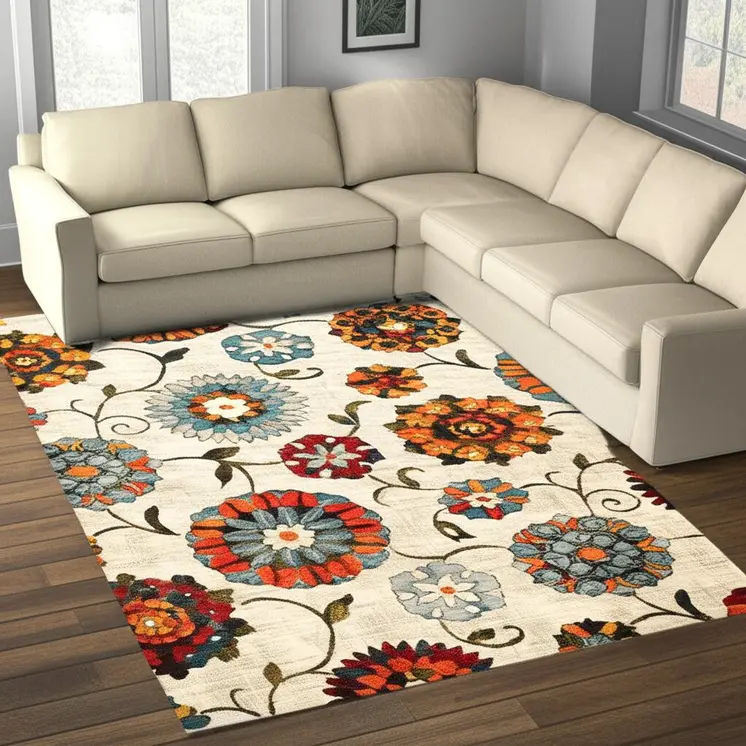10' X 13' Ivory Blue Gold Green Orange Rust And Teal Floral Power Loom Stain Resistant Area Rug