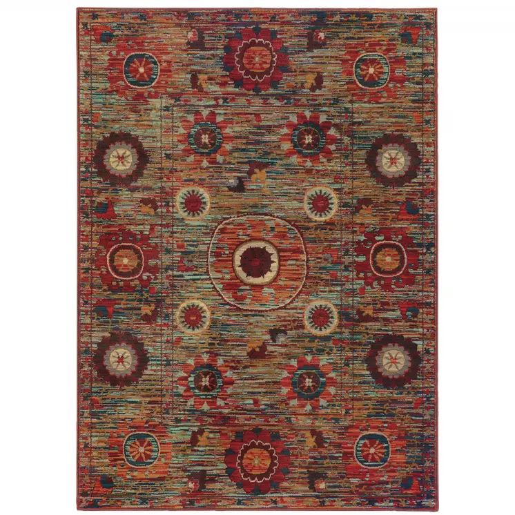 10' X 13' Red and Gold Floral Power Loom Area Rug