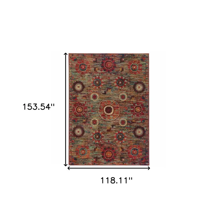 10' X 13' Red and Gold Floral Power Loom Area Rug