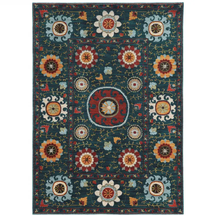 4' X 6' Teal Blue Rust Gold And Ivory Floral Power Loom Stain Resistant Area Rug