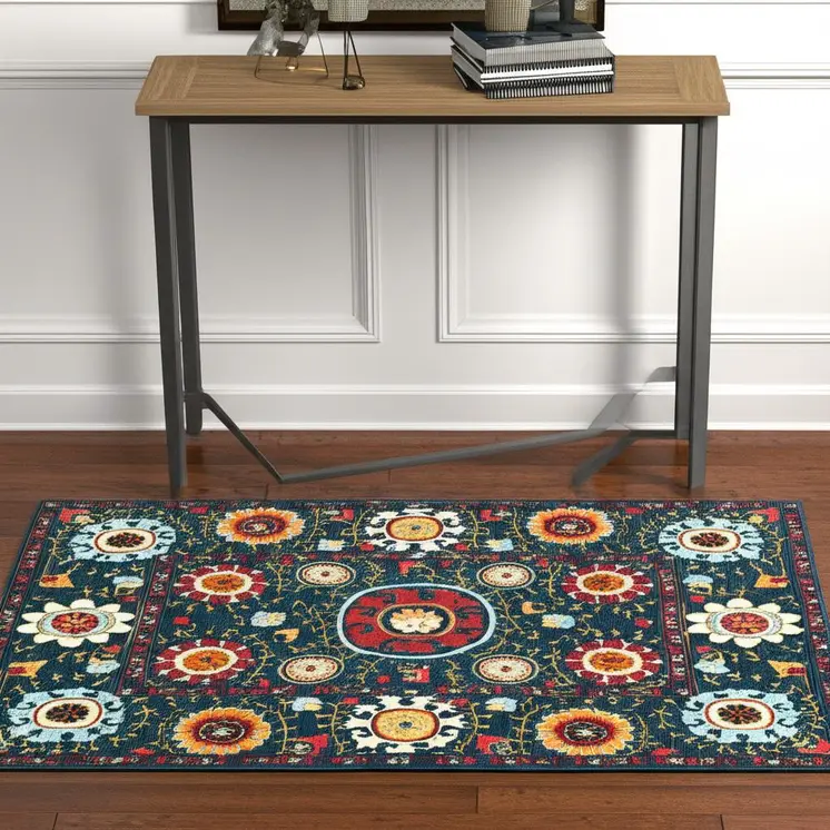 4' X 6' Teal Blue Rust Gold And Ivory Floral Power Loom Stain Resistant Area Rug