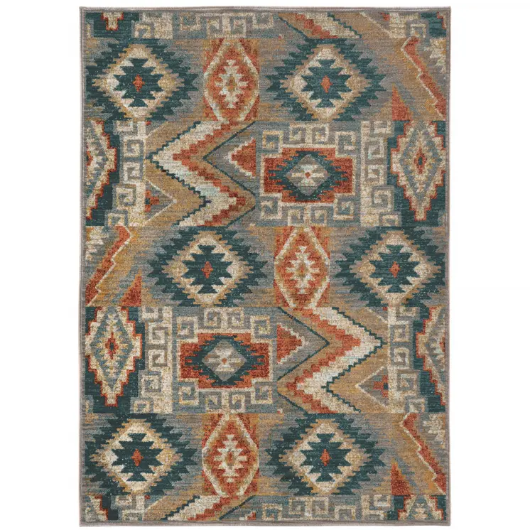 4' X 6' Blue Teal Grey Orange Gold Ivory And Rust Geometric Power Loom Stain Resistant Area Rug