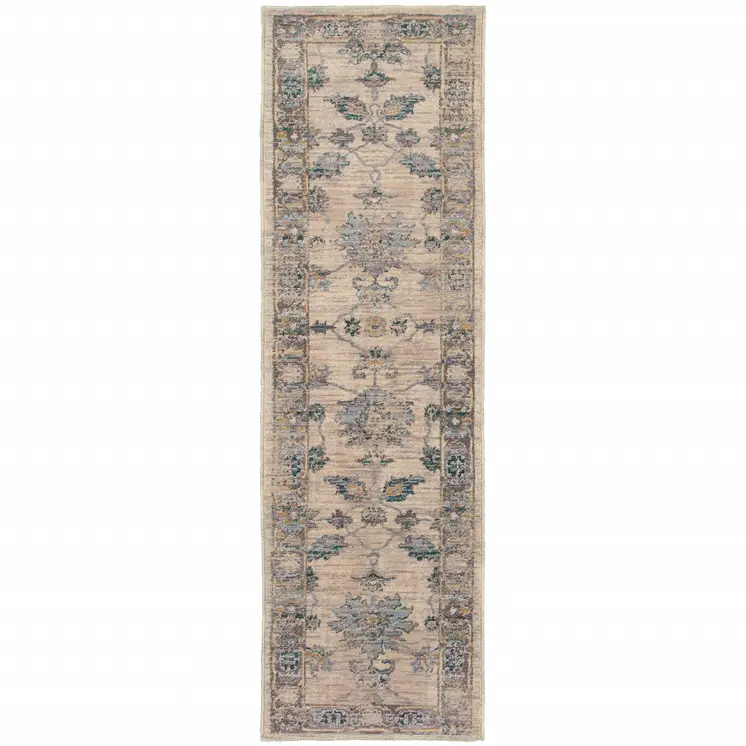 2' X 8' Ivory Blue Gold And Grey Oriental Power Loom Stain Resistant Runner Rug