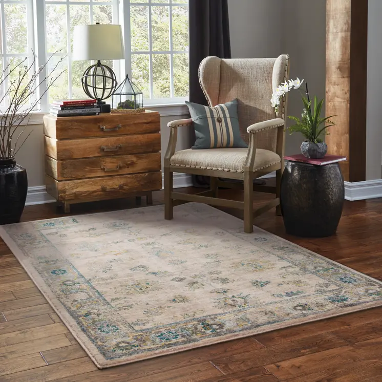 4' X 6' Ivory Blue Gold And Grey Oriental Power Loom Stain Resistant Area Rug