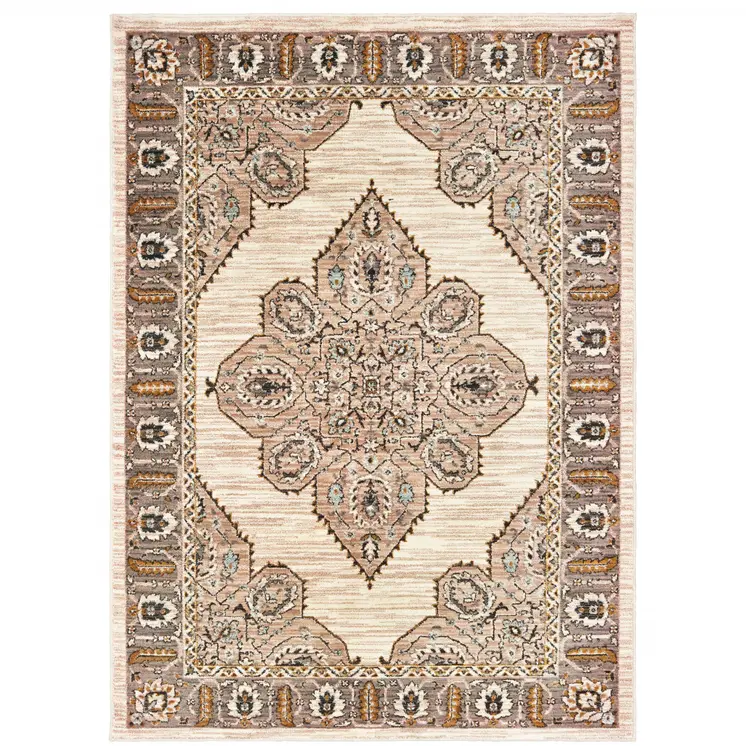 10' X 13' Ivory Gold Grey And Blue Oriental Power Loom Stain Resistant Area Rug