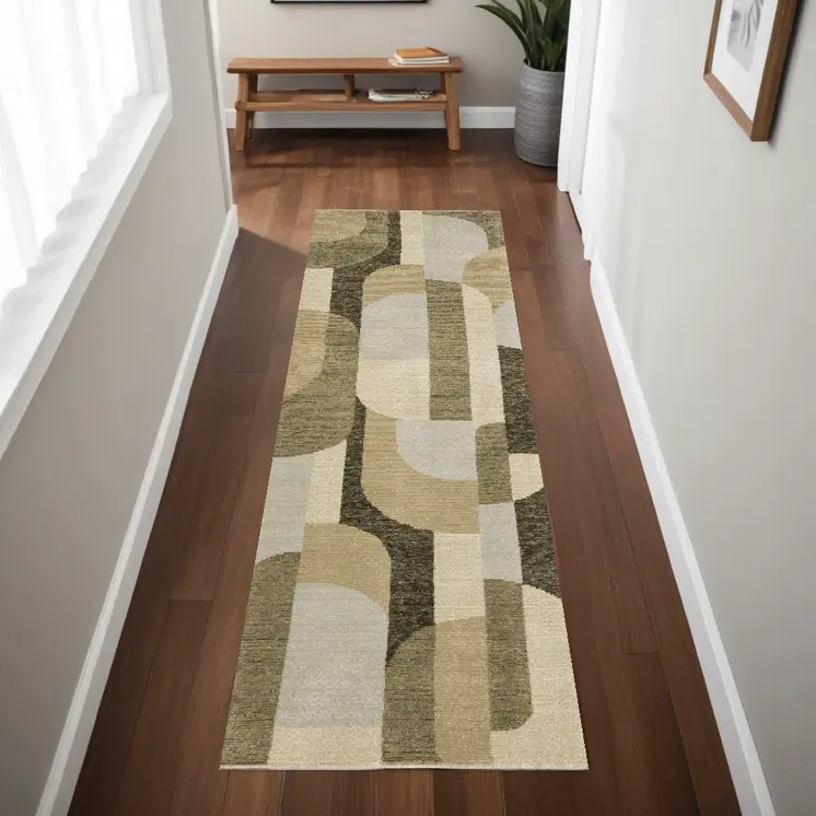 8' Green And Ivory Geometric Runner Rug
