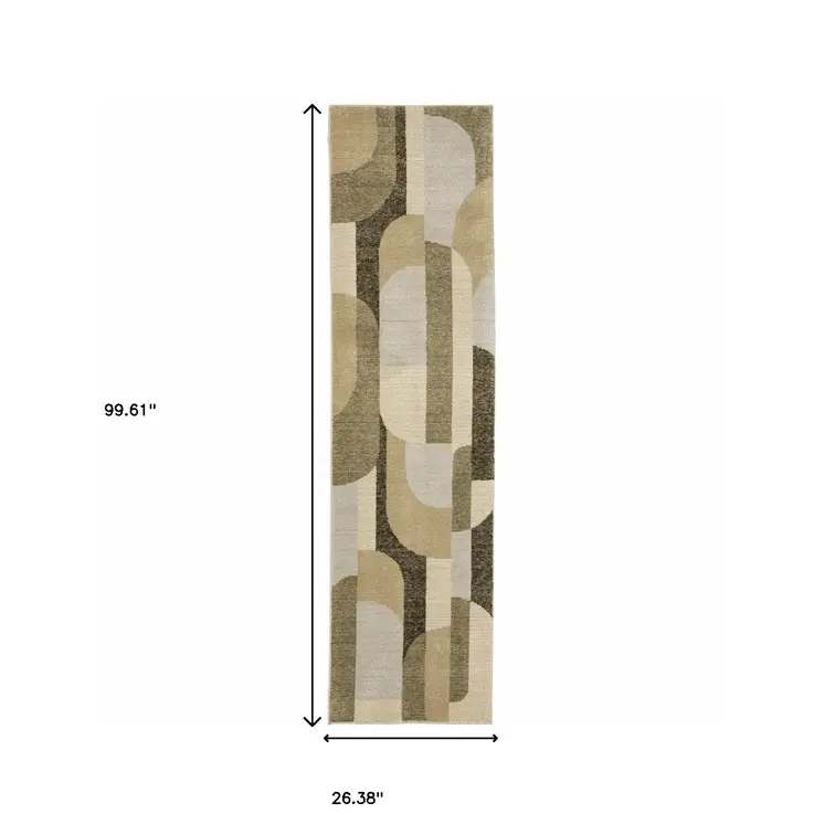 8' Green And Ivory Geometric Runner Rug