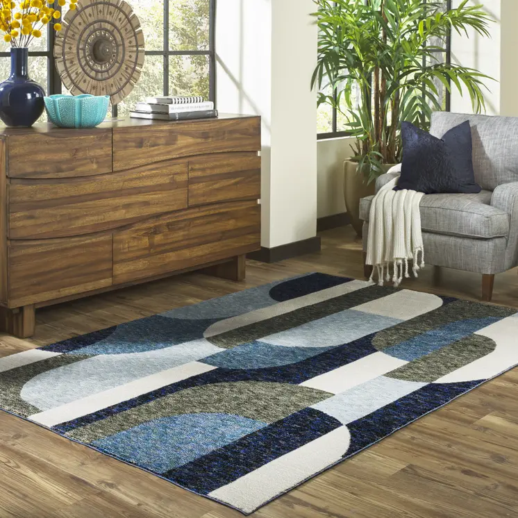 7' X 10' Blue and Gray Geometric Power Loom Area Rug