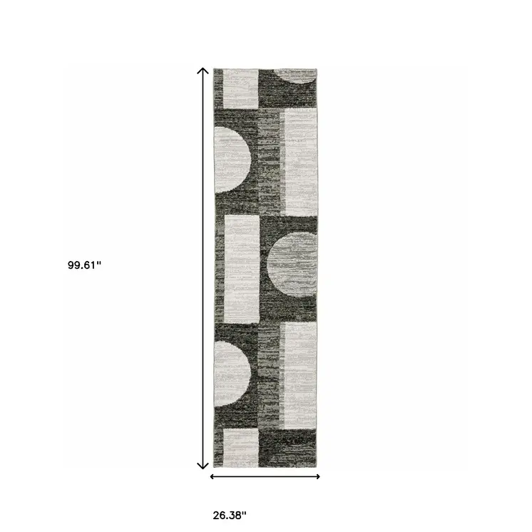 8' Gray And Ivory Geometric Runner Rug
