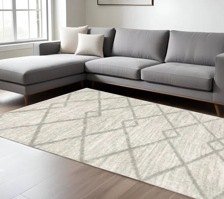 10' X 13' Ivory And Grey Geometric Shag Power Loom Stain Resistant Area Rug