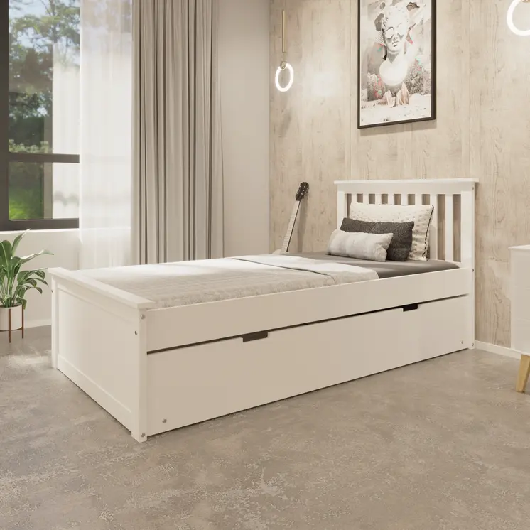 White Solid Wood Twin Bed With Pull Out Trundle