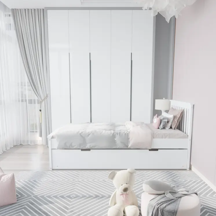 White Solid Wood Twin Bed With Pull Out Trundle