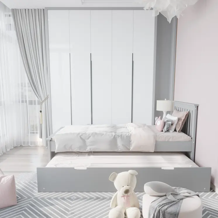 Gray Solid Wood Twin Bed With Pull Out Trundle