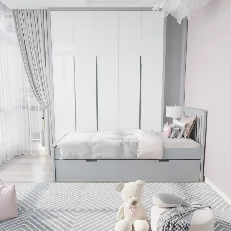 Gray Solid Wood Twin Bed With Pull Out Trundle