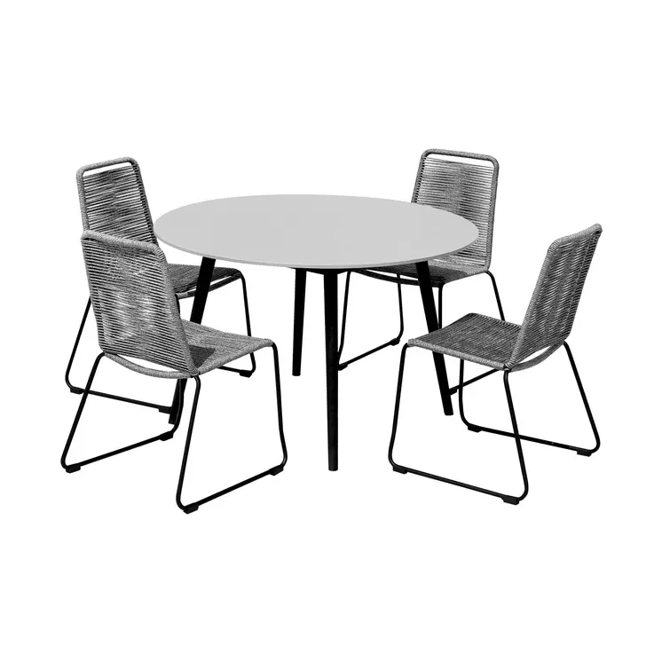 Five Piece Gray and Gray and Black Round Stone Dining Set with Four Chairs
