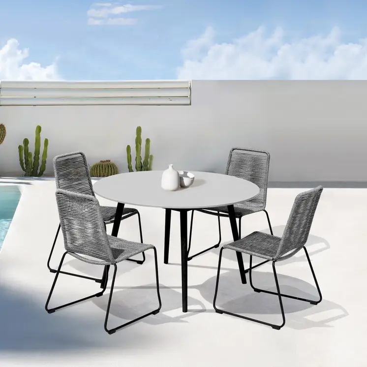 Five Piece Gray and Gray and Black Round Stone Dining Set with Four Chairs