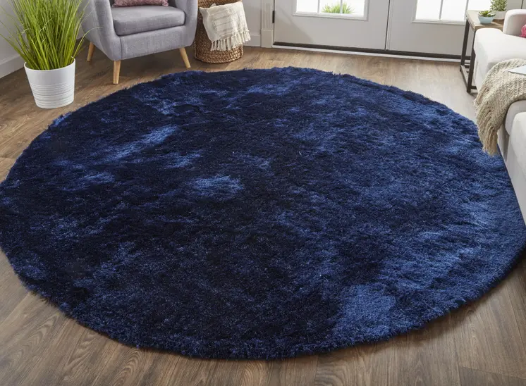 10' Blue And Black Round Shag Tufted Handmade Area Rug