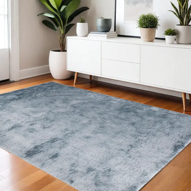 4' X 6' Blue And Silver Shag Tufted Handmade Area Rug