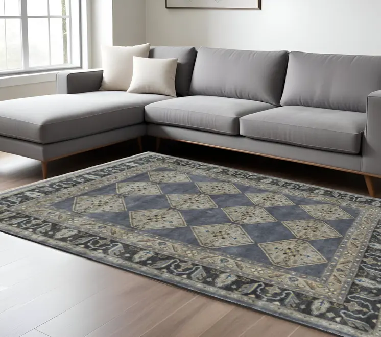 10' X 13' Blue Gray And Taupe Wool Floral Hand Knotted Stain Resistant Area Rug