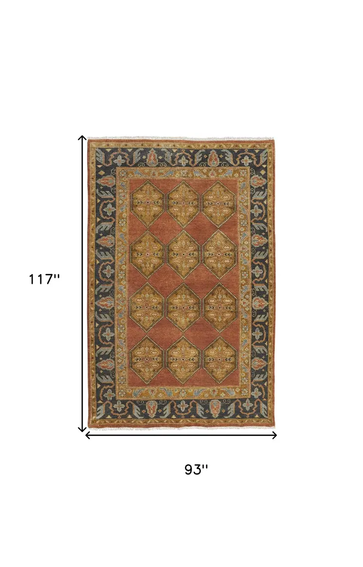 8' X 10' Tan Orange And Brown Wool Floral Hand Knotted Stain Resistant Area Rug