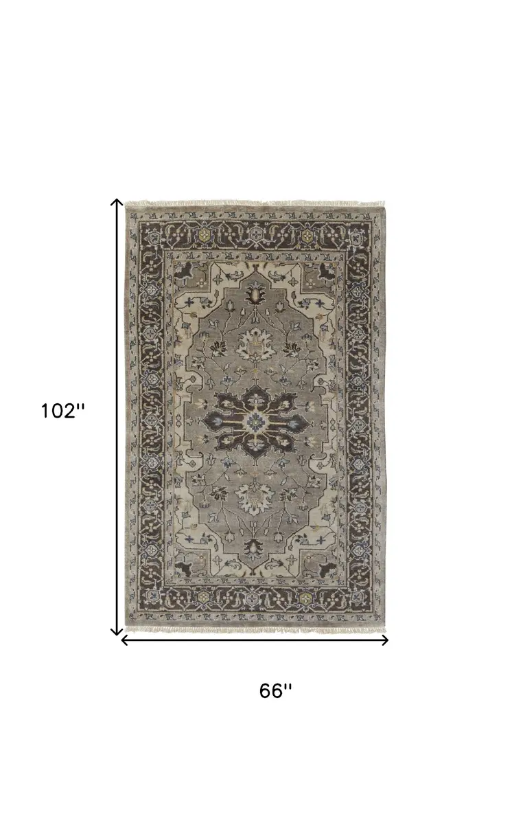 5' X 8' Gray Taupe And Blue Wool Floral Hand Knotted Stain Resistant Area Rug
