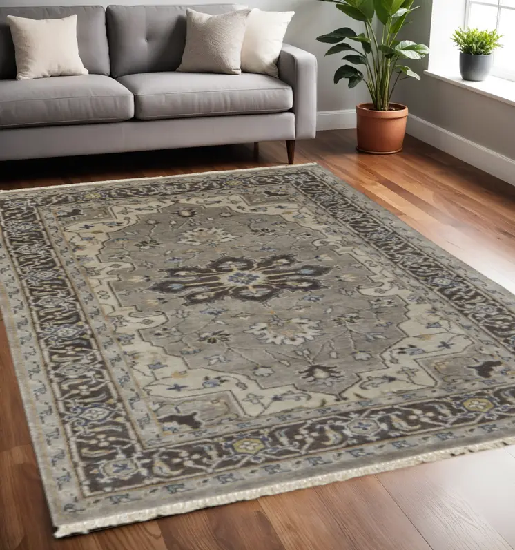 5' X 8' Gray Taupe And Blue Wool Floral Hand Knotted Stain Resistant Area Rug